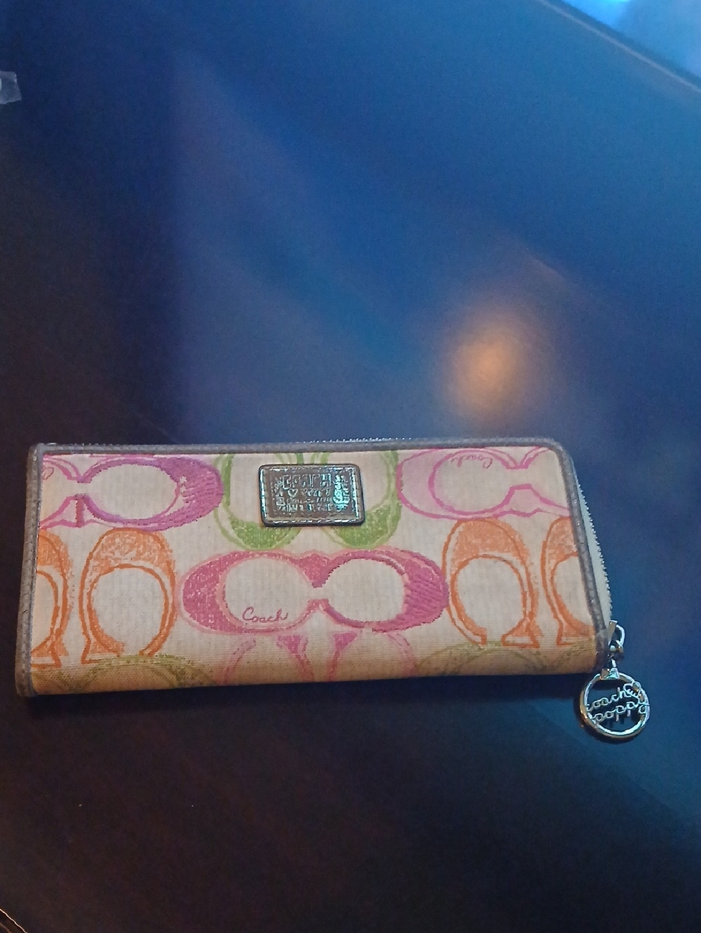 Coach Multicolor Signature Zip Around Wallet in Pink, Orange & Green